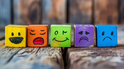concept of Different emotions drawn on colorful cubes, wooden background