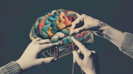 Contemporary art collage. Human hands knitting brain. Growing psychological and emotional stability. Abstract design. Concept of psychology, inner world, mental health, feelings. Conceptual art - obrazy, fototapety, plakaty