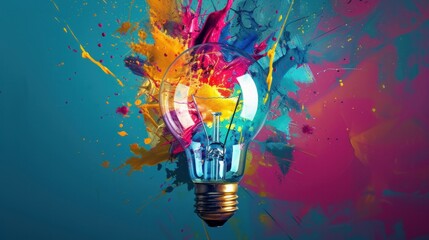 Creative colored light bulb explosion with shards and paint, a creative idea. Think different, concept. Business, ideas and the discovery of new technology - obrazy, fototapety, plakaty