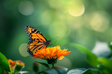 Fototapeta na wymiar Macro shot of a butterfly on a flower, blurred greenery.