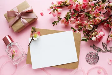 Deurstickers mockup greeting card. spring composition. flowering branch of azalea and space for text. congratulation. invitation  © Palanga