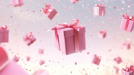 Fototapeta premium pink gift and confetti flying and falling. festive, christmas texture, background. birthday card. place for text.