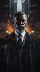 confident adult, old man, in a black business suit on the background of office buildings. African American businessman