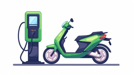 Electric Scooter and Charging Station Isolated. Green Modern Scooter Recharges Batteries. Motorbike and Charge Station with Screen. Eco City Transport Concept. Cartoon Flat Vector Illustration
