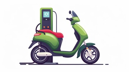 Electric Scooter and Charging Station Isolated. Green Modern Scooter Recharges Batteries. Motorbike and Charge Station with Screen. Eco City Transport Concept. Cartoon Flat Vector Illustration