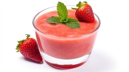 Glass of strawberry smoothie, isolated on transparent background. Yogurt with fresh berries.