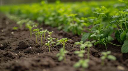 Tiny plant sprouts coming up from the ground on sprawling farmland
