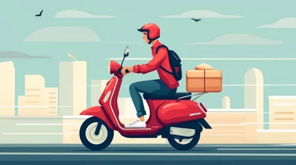 Foto op Plexiglas Food delivery man riding a red scooter vector illustration © Orxan
