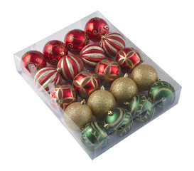 Christmas ornaments in box isolated on white bkg