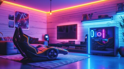 Gamer ergonomic chair with remote controller car, wireless VR and entertainment gadget in neon light room - obrazy, fototapety, plakaty