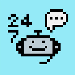 Pixelated smiling service robot head answer questions without a break.