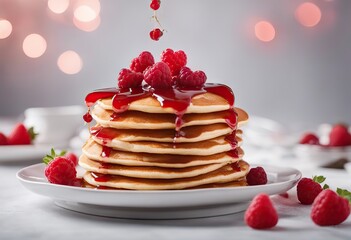  raspberries red space hearts Saint present pancakes fluffy syrop background Light Homemade Copy decorated Stack day
