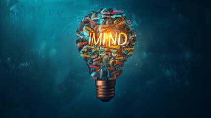 MIND bulb word cloud collage, concept background - obrazy, fototapety, plakaty