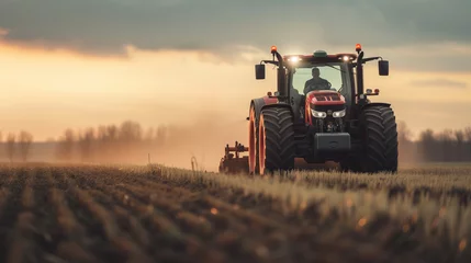 Badkamer foto achterwand Tractor riding through sprawling fields © Meta