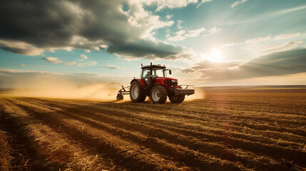 Tractor riding through sprawling fields