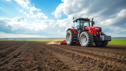 Obraz premium Tractor riding through sprawling fields