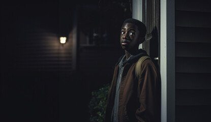 Black Teen Boy Standing in front of a door outside looks anxious and worry - obrazy, fototapety, plakaty