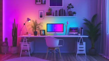 Fotobehang Modern Work desk with colored led light - Smart home. 3D render © Orxan