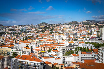 panoramic view over funchal and monte from cable car, aerial view, madeira, portugal, sea, mountains