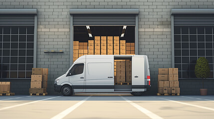Outside of Logistics Warehouse with Open Door, Delivery Van Loaded with Cardboard Boxes. Truck Delivering Online Orders, Purchases, E-Commerce Goods, Wholesale Merchandise. - 720771210