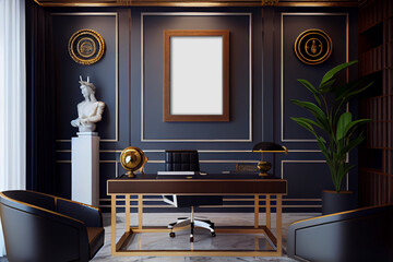 Interior wall frame mockup with luxury decor in modern office, living room, entry hall. Generative AI.