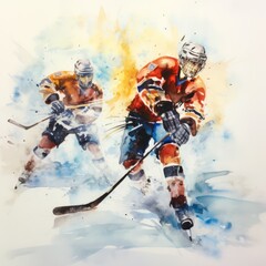 A hockey game in watercolor. - obrazy, fototapety, plakaty