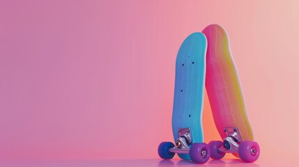 Pastel neon rainbow colored Penny board skateboard standing on two wheels isolated on solid soft pink background. Plastic mini cruiser Youth minimalistic Sport inspired summer fun concept. Copy space