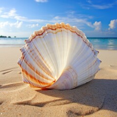 A large beautiful exotic seashell lies on the sand on an exotic beach