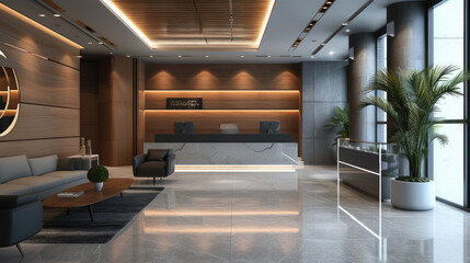 Modern interior of luxury office hall, clean marble floor and plants in lobby of commercial building. Concept of tile, hallway, service, company, wood and stone design