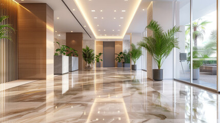 Modern interior of luxury office hall, clean shiny brown floor and green plants in lobby of commercial building. Concept of marble tile, hallway, service, company, contemporary design.