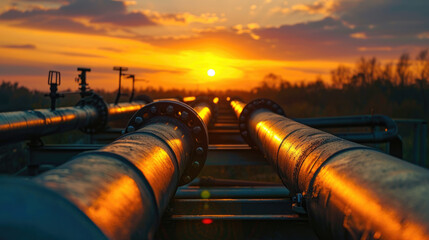 Factory pipeline at sunset, crude gas and oil pipes of refinery plant or petrochemical industry. Scenery of steel industrial tube lines, sky and sun. Concept of energy, power, - obrazy, fototapety, plakaty