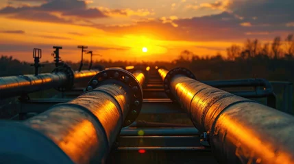 Fotobehang Factory pipeline at sunset, crude gas and oil pipes of refinery plant or petrochemical industry. Scenery of steel industrial tube lines, sky and sun. Concept of energy, power, © scaliger