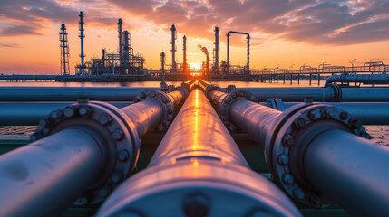 Factory pipeline and buildings at sunset, crude gas and oil pipes of refinery plant or petrochemical industry. Scenery of steel tube lines and sky. Concept of energy, power