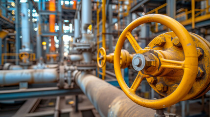 Fototapeta premium Factory pipeline with valve close-up, crude gas and oil pipes of refinery plant or petrochemical industry. Scenery of steel industrial tube lines. Concept of energy, power