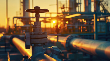 Factory pipeline with valve at sunset, crude gas and oil pipes of refinery plant or petrochemical industry. Scenery of steel tube lines. Concept of energy, power, background - obrazy, fototapety, plakaty