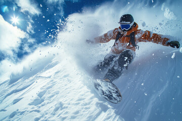 Snowboarder going down ski slope on snow background, man in mask rides snowboard spraying powder in winter. Concept of sport, extreme, speed, downhill, piste, splash - obrazy, fototapety, plakaty