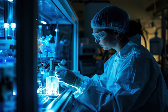 Female medical worker in goggles works in chemistry laboratory. Chemist scientist doing test in dark modern lab. Concept of doctor, biotechnology, research, science, people