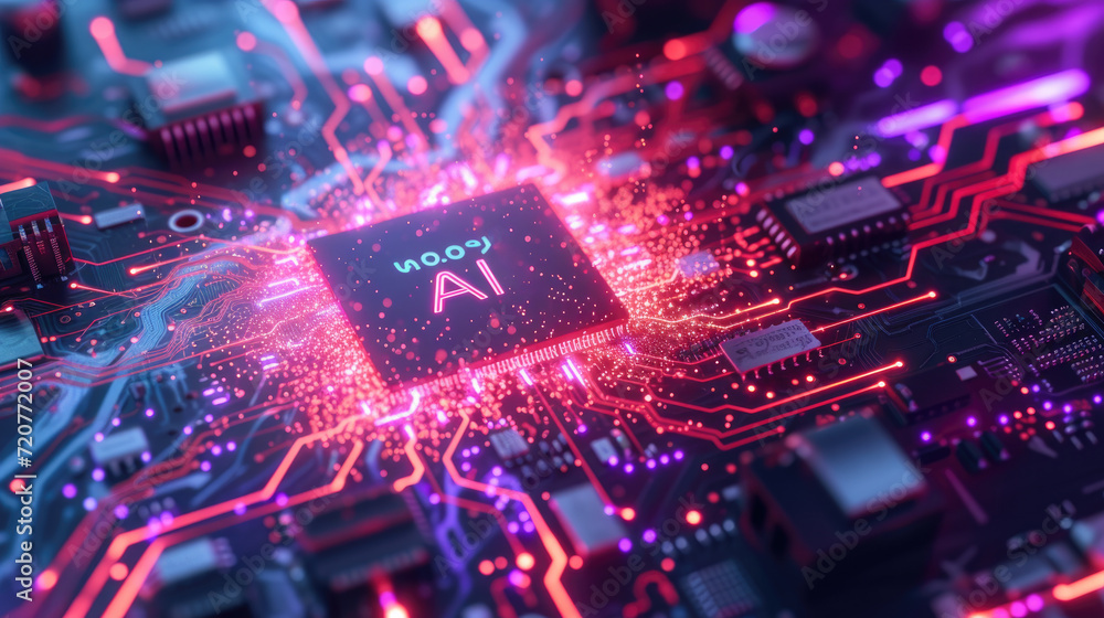 Poster cpu chips circuit board, ai processor and microchips. core of artificial intelligence machine with l