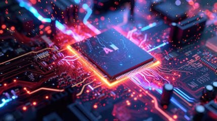 AI processor and microchips on circuit board, power CPU chips. Core of artificial intelligence machine with neon light of energy. Concept of computer technology, data, future