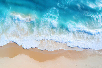 Fototapeta na wymiar Aerial view of the beautiful bright sea with waves splashing and beach sand. Bright Blue Crystal Clear Water and White Sandy beach. Summer and travel vacation. Aerial drone landscape. Generative Ai