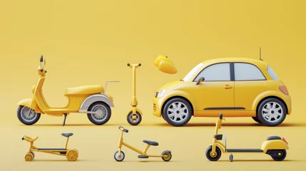 Foto op Canvas Set of realistic 3d yellow car, scooter, bicycle, skateboard and kick scooter. Advertising poster for selling different vehicles company. Vector illustration in cartoon style © Orxan