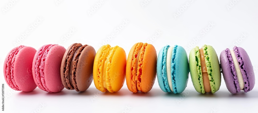 Poster vibrantly colorful macarons on a white background - a delightful display of colorful macarons agains