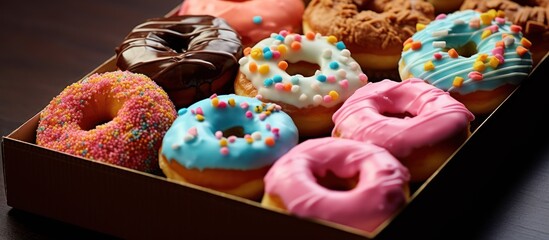 box containing various colored donuts on the table