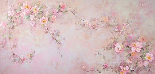 Soft pastel pink provides a gentle canvas for an intricate lattice of abstract florals, creating an atmosphere of delicate grace and serenity.