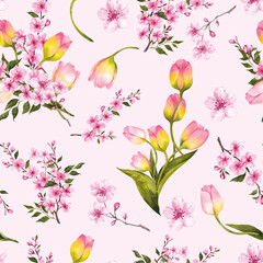 Seamless pattern with first spring flowers, tulip, lilac, sakura, pansy, snowdrop, isolated on colored background. Watercolor hand draw botanical.