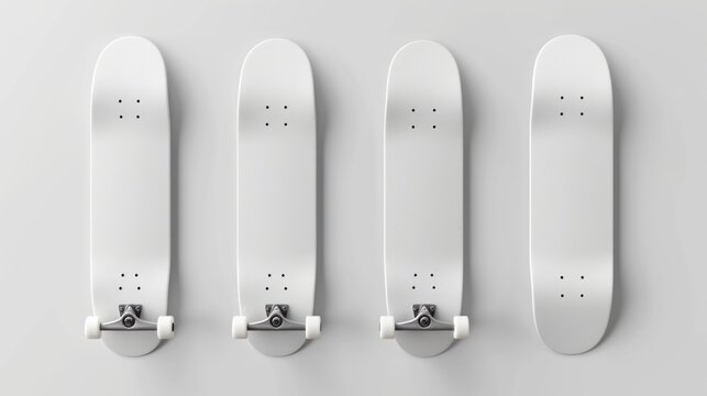 skateboard white color, plain and blank deck. Set of isolated object in different angle, mock up template for your logo and graphic design