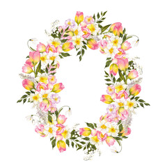 Watercolor floral wreath with hand draw first spring flowers and leaves, sakura, snowdrop, tulip, pansy, lilly, isolated on transparent background, PNG files