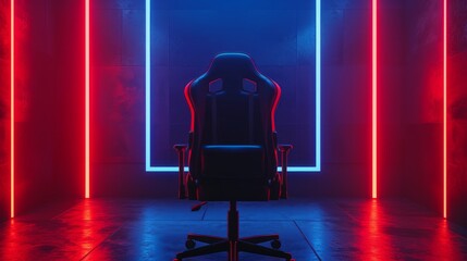 The black gaming chair and the black backdrops feature red and blue lights, and have space for lettering. 3D Render - obrazy, fototapety, plakaty