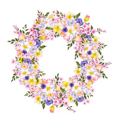 Watercolor floral wreath with hand draw first spring flowers and leaves, sakura, snowdrop, tulip, pansy, lilly, isolated on transparent background, PNG files