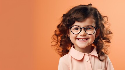 Obraz premium Cute girl with glasses smile in peach background